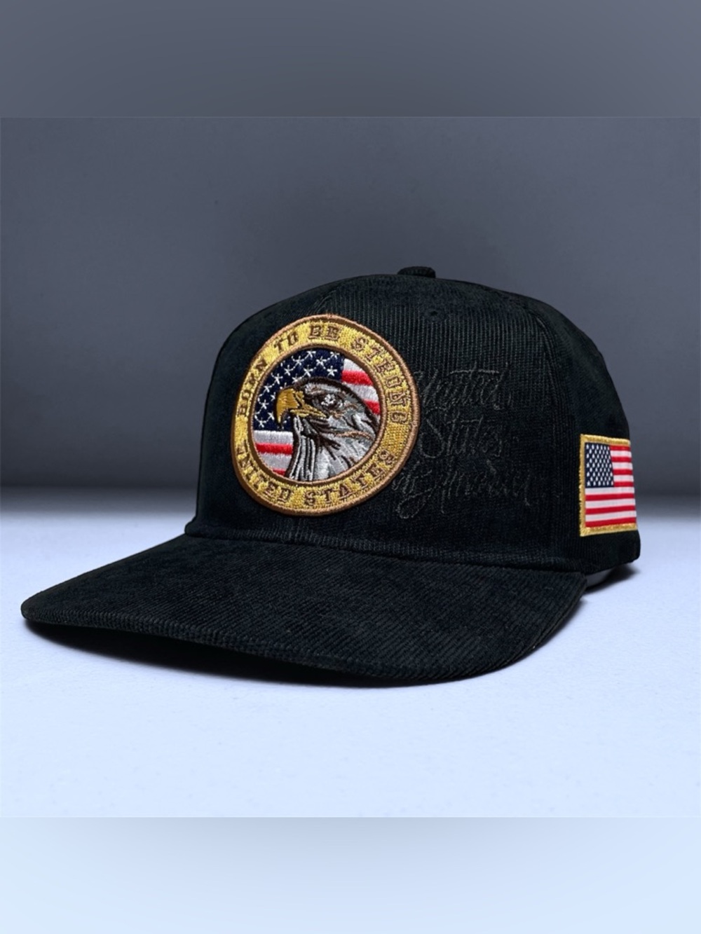 USA Flag Eagle Embroidered Black Corduroy Snapback Cap
